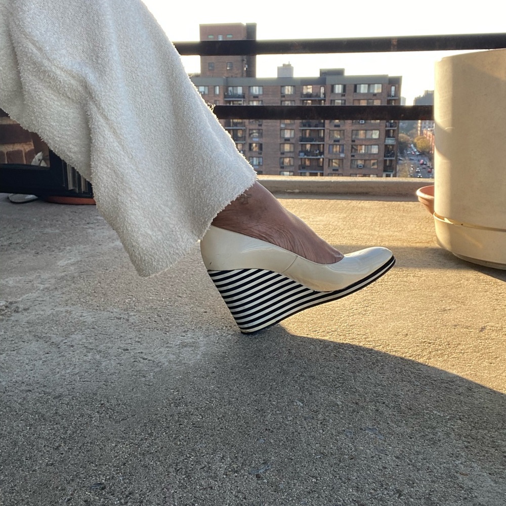 White patent leather wedges